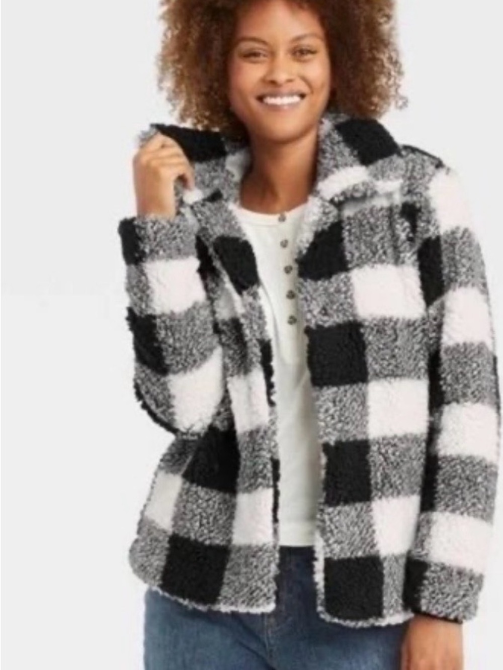 Knox Rose Black & White Plaid Teddy Jacket Size Medium